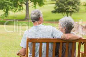 Rear view of senior couple sitting on bench at park