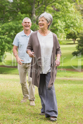 Happy senior couple walking in park