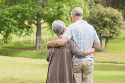 Rear view of senior couple with arms around at park