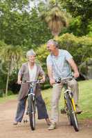 Cheerful senior couple on cycle ride in countryside