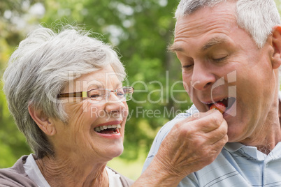 Senior woman feeding strawberry to man