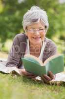 Senior woman reading a book at park