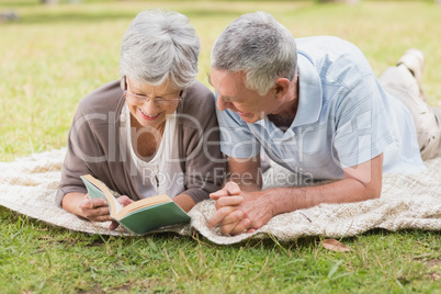 Relaxed senior couple reading book while lying in park