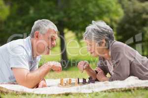 Happy senior couple playing chess at park