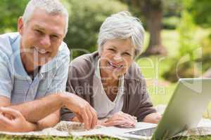 Smiling senior couple using laptop at park