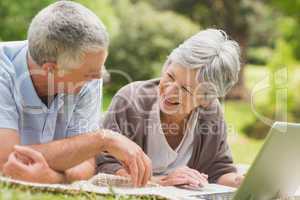 Smiling senior couple using laptop at park