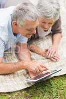 Smiling senior couple using digital tablet at park