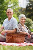 Smiling senior couple with picnic basket at park