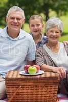 Smiling senior couple and granddaughter with picnic basket at pa