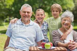 Senior couple and granddaughter with picnic basket at park
