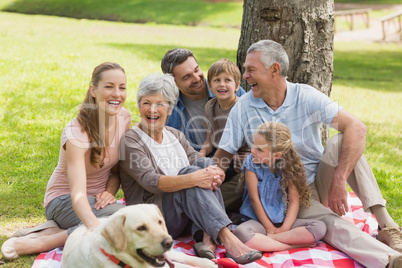 Extended family with their pet dog at park