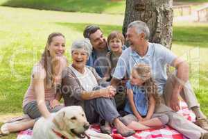 Extended family with their pet dog at park