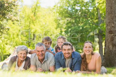 Extended family lying on grass in the park