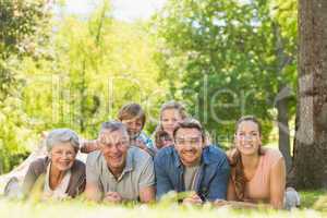 Extended family lying on grass in the park