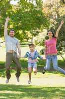 Family of three holding hands and jumping at park