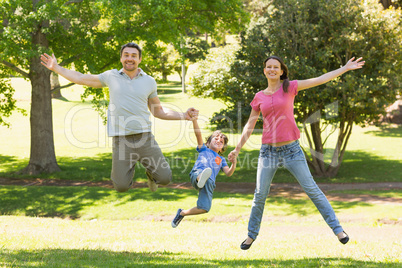 Family of three holding hands and jumping at park