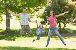 Family of three holding hands and jumping at park
