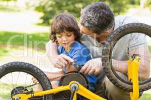 Father and son fixing bike