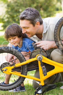 Father and son fixing bike