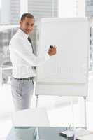 Young smiling businessman presenting at whiteboard with marker