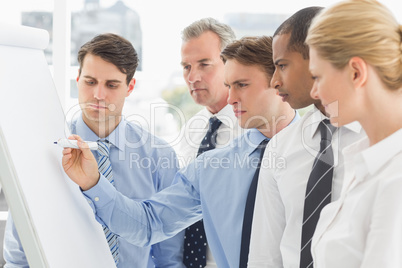 Colleagues watching young businessman write on whiteboard
