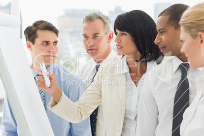 Colleagues watching businesswoman write on whiteboard