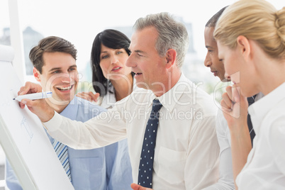 Smiling colleagues watching businessman writing on whiteboard