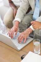 Salesman showing something on laptop to couple