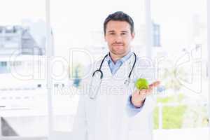 Portrait of a smiling male doctor holding an apple