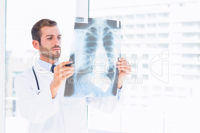 Male doctor examining x-ray in medical office