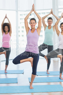 Fit class standing in tree pose at fitness studio