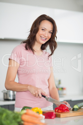 Smiling young woman chopping vegetables in kitchen