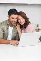 Happy couple using laptop in kitchen