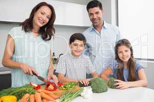 Family chopping vegetables in kitchen