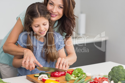 Smiling woman with daughter chopping vegetables in kitchen