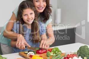 Smiling woman with daughter chopping vegetables in kitchen