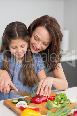 Woman with daughter chopping vegetables in kitchen