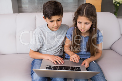 Young siblings using laptop in the living room