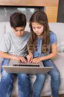 Young siblings using laptop in the living room