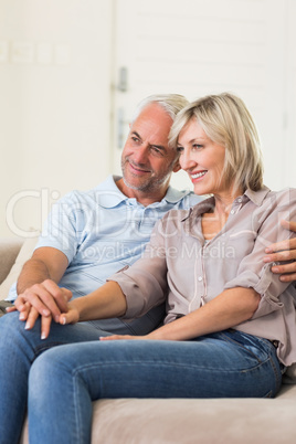 Smiling mature couple sitting on sofa