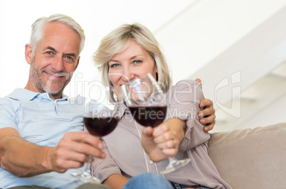 Smiling mature couple with wine glasses sitting on sofa