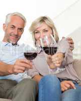 Smiling mature couple with wine glasses sitting on sofa