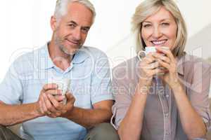Smiling mature couple with coffee cups sitting on sofa