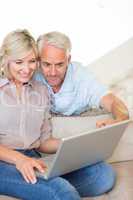 Mature couple using laptop on sofa at home