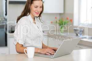 Smiling young woman using laptop in kitchen