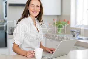 Smiling woman using laptop in the kitchen