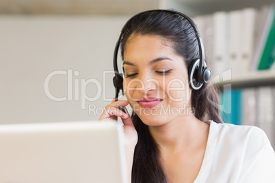 Call center representative using headset