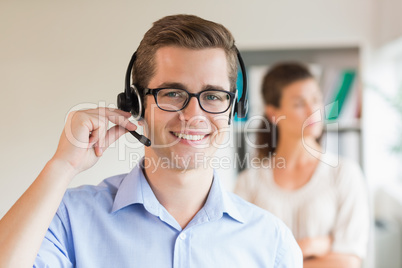 Customer service representative wearing headset