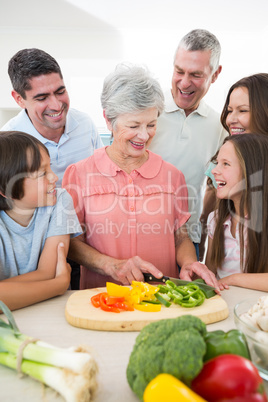 Family preparing food at counter