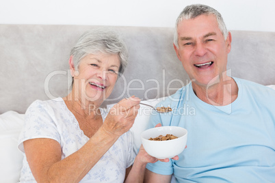 Senior woman feeding cereals to man